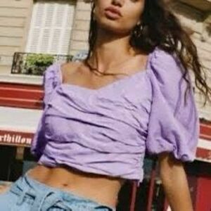 Zara lilac linen blend draped‎ crop top puff sleeves Size Small
